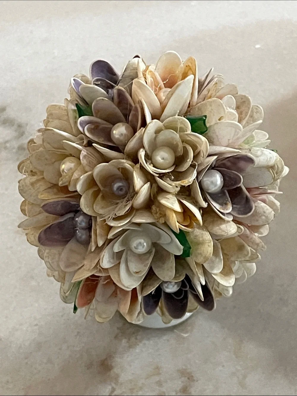 Handcrafted Shell Flower Topiary in Cream, Purple & Pink Faux Pearls